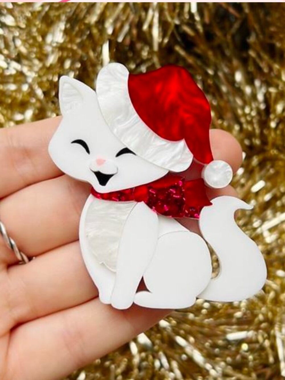 Deer Arrow Belle the Christmas Kitty Brooch. Santa Cat. Santa Kitty. White Cat.